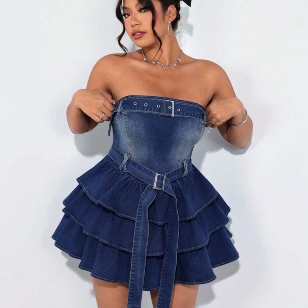 SHEIN Blue Strapless Ruffled Sundress